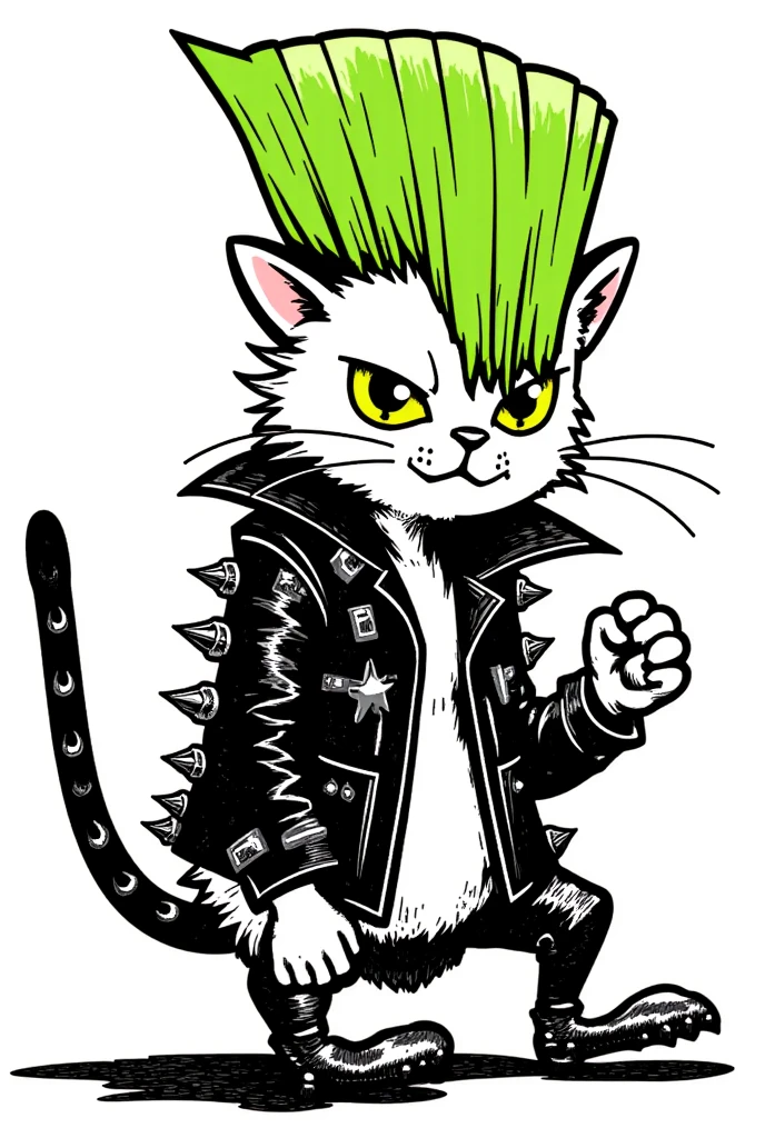 Create a detailed manga comic book style illustration of a highly stylized, black and white cat with tall neon green Mohawk, a spike studded leather jacket and a grumpy facial expression. 