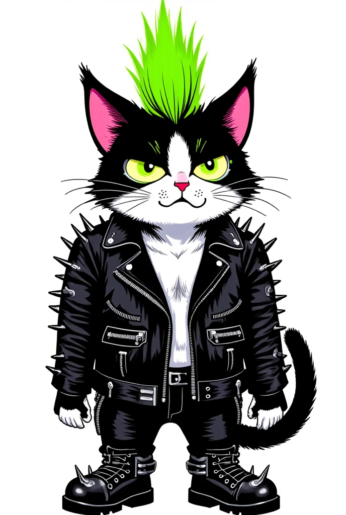 Create a detailed manga comic book style illustration of a highly stylized, black and white cat with tall neon green Mohawk, a spike studded leather jacket and a grumpy facial expression. 