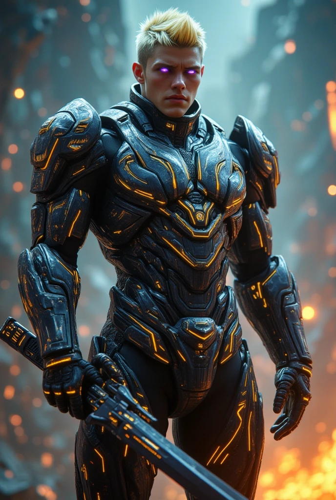 A 50-something male with golden hair with very light and prominent platinum highlights, very short on the sides but long on top like a lock. Striking purple eyes and a bold, manly smirk with his lips. He is dressed in a suit of power armor (shiny blackish electric blue) adorned with golden accents and intricate detailing. The armor covers his entire torso, arms and shoulders, featuring large ornate shoulder pads and a detailed breastplate. The armor has a heavy, metallic carbon fiber quality. He holds a sword-shaped firearm with a very thick and large blade, ornate and graceful carved edge detailing. The background is a very hazy but detailed impressionistic scene of galaxies, sparks and blueish flames, suggesting a fiery environment on an alien planet overlooking outer space. The style is hyper-realistic, with high level of detail on the character's armor and face. Focus on expressing a very strong, serious and powerful male figure. Use rich, deep colors of gray, gold, and orange. Lighting should be dramatic and highlight the textures of the armor. Emphasis on the intricate details and designs of the armor and weapon.