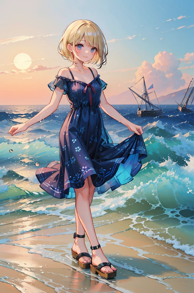 (8k,  super high quality , masterpiece:1.2),  super high res,  one woman,  cute,  small breasts,  blondes, Navy Blue Dress, Red floral pattern, Sandals, Hawaiian Dress, whole body, soaked,  like a ,  best smile , sea, sea水浴, Water Drop, whole bodyにWater Drop,  their chest is soaked in water , Lots of water,  playing in the water, 