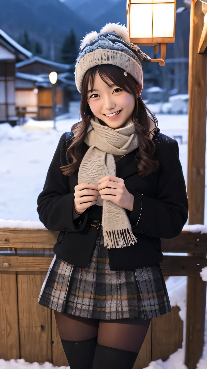 (((real photograph))), ( Japanese girl )、winter、 skirt 、 black tights、Knitted hat、 scarf、 Smile 、snow、Hot Spring Town、Thighs、