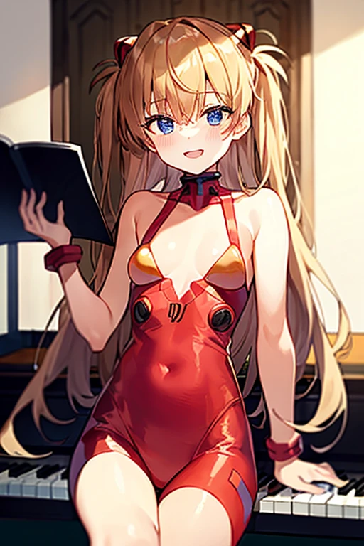 (( top quality )), ((masterpiece)), (be familiar with), perfect face, indoor, bedroom,  watching viewers,
One woman,  Soryu Asuka Langley ,
開いた口,  ecstatic expression beside the piano, blush, smile,
 small tits,  flat chest, Young girl, Lori,  s,  girl,
 long hair,  twin tails,
Leg spread,