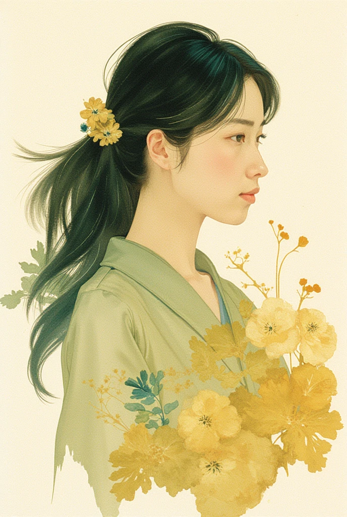 an artistic watercolor painting portrait, elegant asian woman in profile, glowing skin,long hair flowing in the wind, invert color, glow line, inverted outline, golden and muted blue tones, abstract botanical elements, textured off-white paper background, shining highlights, glowing gradients, soft diffuse lighting, serene expression, radiant atmosphere.
