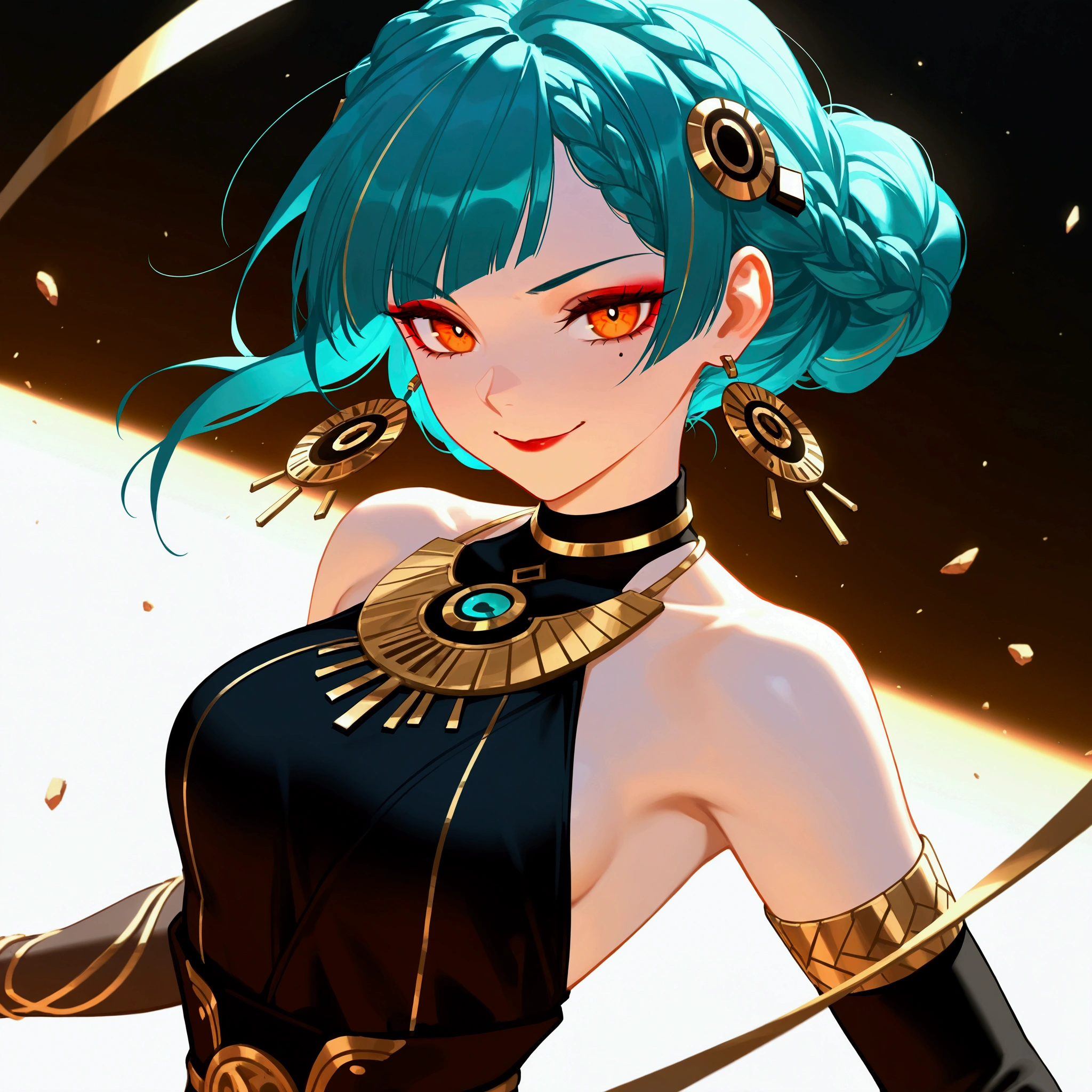 Anime girl with blue hair and gold jewelry in front of a planet - SeaArt AI