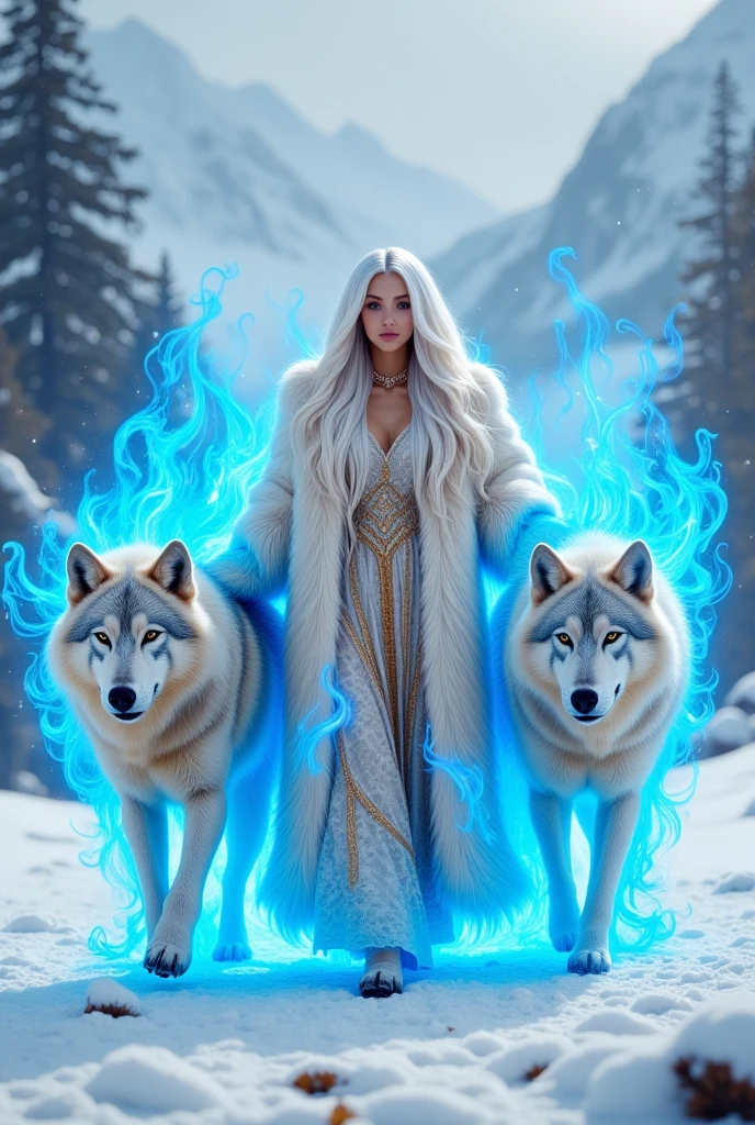 A panoramic photo,   fire flames of a white woman ,    with wavy white hair long to the ground ,  in a long white and gold dress  ,   with a beautiful fur coat made of urer White dress over the gorgeous and luxurious dress ,  she is in a place with mountains and snow  ,  next to her there are 2 huge mountain wolves  , , one on the right side and the other on the left side of the woman ,  they are walking in the snow  ,  the woman's body is on fire blue and the body of the wolves comes out fluffy blue flames too  ,  the wolves look powerful ,  They are the guardians of the woman walks confidently with them .   I want a lot of blue fire flames coming out of them , Cover them with realistic detailed blue ,  catching blue fire