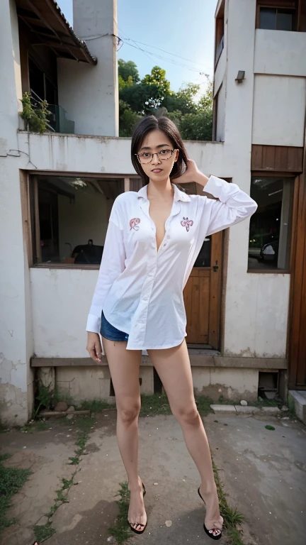 a pretty woman, dressed in white shirt, small breasts, nice perfect face with perfect face,glasses, hyper realistic concept, 8k resolution, photography quality, posing for a photo, photo realistic, half open shirt, full body. korpri shirt, anal pose, short hair.