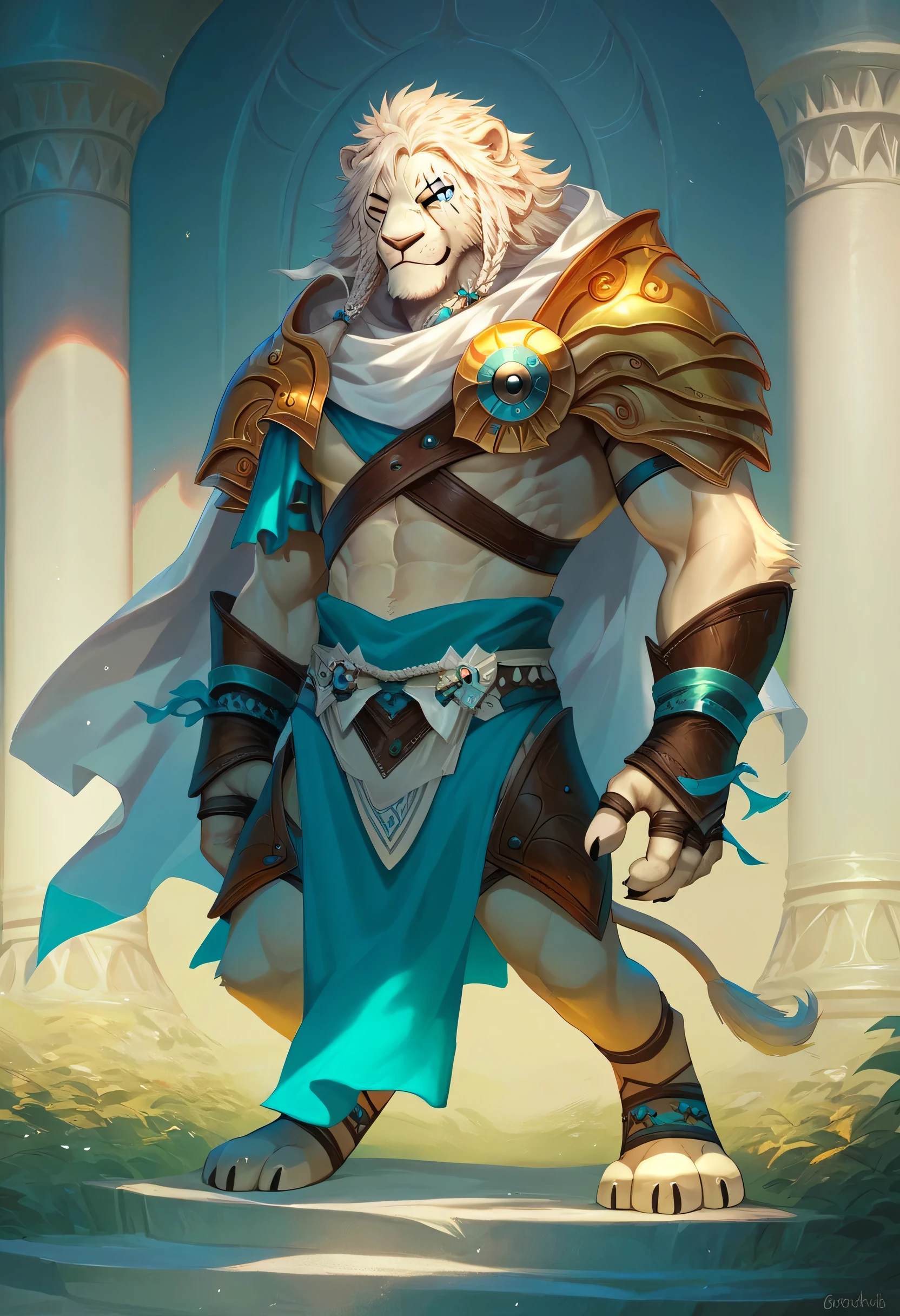 furry male, solo, white fur, white hair, braid, blue eyes, right eye wink, scar across eye, white cape, shoulder armour, vambraces, claws, loincloth, lion tail
