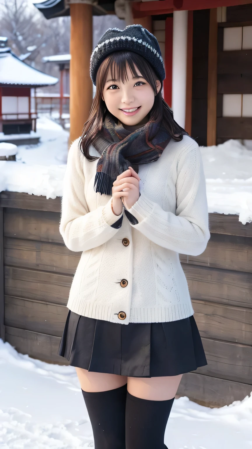 (((real photograph))), ( Japanese girl )、winter、 skirt 、 black tights、Knitted hat、 scarf、 Smile 、snow、Hot Spring Town、Thighs、