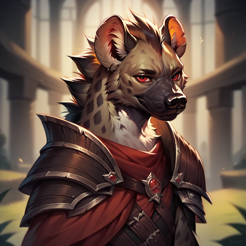 (((detailed, beautiful, high quality))), score_9, score_8_up, score_7_up, 
(depth of field, dynamic lighting),
gnoll, furry hyena,
1 male, red eyes, black shoulder pad, shoulder strap,
looking at the viewer, posing, 
blurred background, fantasy background, shroud background,