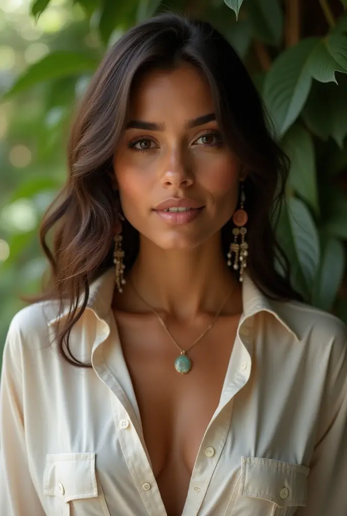 A Brazilian woman with a lush neutral background, wearing a discreet shirt with a frontal close-up , showing off your natural charm and outgoing personality.