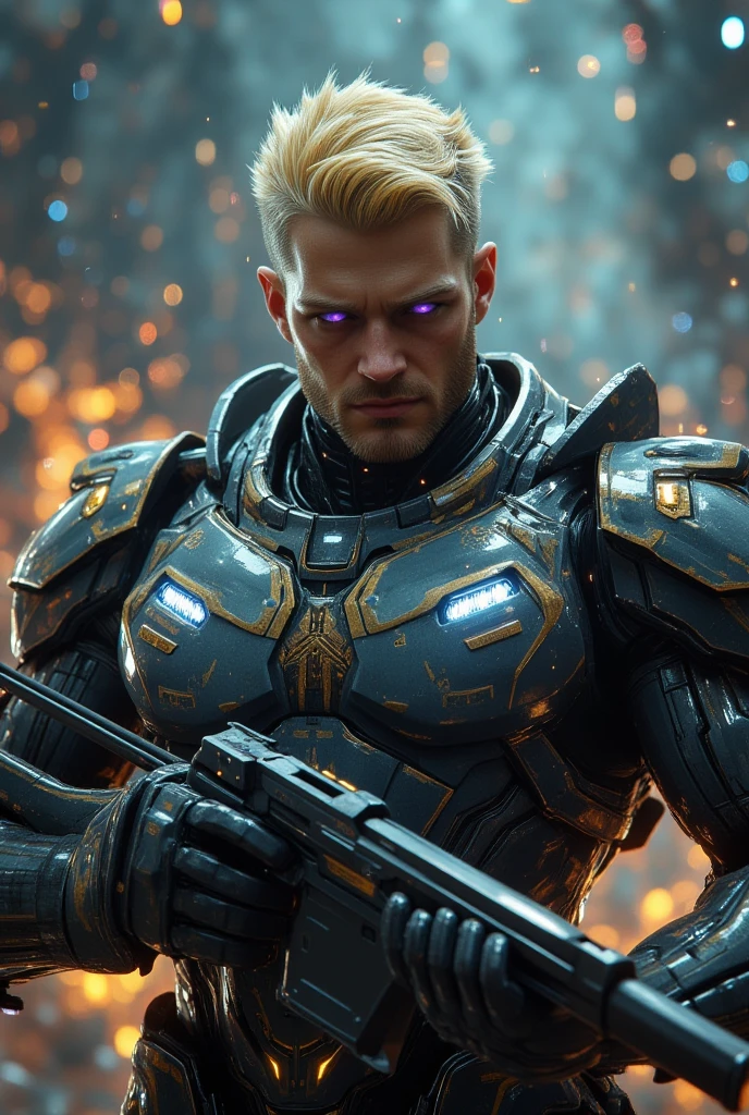 A 50-something male with golden hair with very light and prominent platinum highlights, very short on the sides but long on top like a lock. Striking purple eyes and a bold, manly smirk with his lips. He is dressed in a suit of power armor (shiny blackish electric blue) adorned with golden accents and intricate detailing. The armor covers his entire torso, arms and shoulders, featuring large ornate shoulder pads and a detailed breastplate. The armor has a heavy, metallic carbon fiber quality. He holds a sword-shaped firearm with a very thick and large blade, ornate and graceful carved edge detailing. The background is a very hazy but detailed impressionistic scene of galaxies, sparks and blueish flames, suggesting a fiery environment on an alien planet overlooking outer space. The style is hyper-realistic, with high level of detail on the character's armor and face. Focus on expressing a very strong, serious and powerful male figure. Use rich, deep colors of gray, gold, and orange. Lighting should be dramatic and highlight the textures of the armor. Emphasis on the intricate details and designs of the armor and weapon.