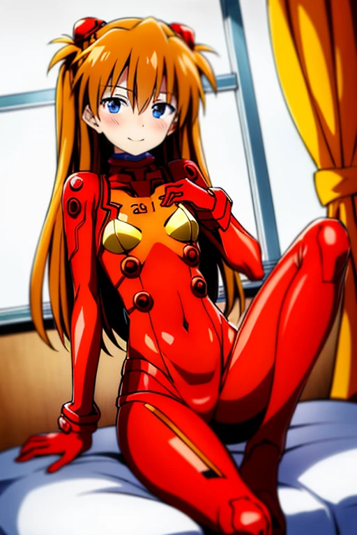 (( top quality )), ((masterpiece)), (be familiar with), perfect face, indoor, bedroom,  watching viewers,
One woman,  Soryu Asuka Langley ,
開いた口,  ecstatic expression beside the piano, blush, smile,
 small tits,  flat chest, Young girl, Lori,  s,  girl,
 long hair,  twin tails,
Leg spread,