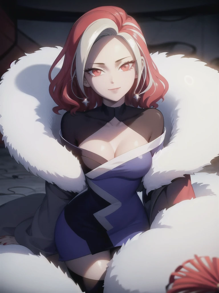 (CG extremadamente detallado), (La mejor calidad), 1girl, Cara perfecta, piel brillante, Piel lustrosa, caderas anchas, cintura estrecha, spiderlily,multicoloPelo rojo ,cana ,ojos rojos ,Pelo rojo ,Cabello bitono ,senos ,cabello rayado ,red nails ,sadistic smile, sonrisa malvada, Bikini rojo, ombligo,stomach,