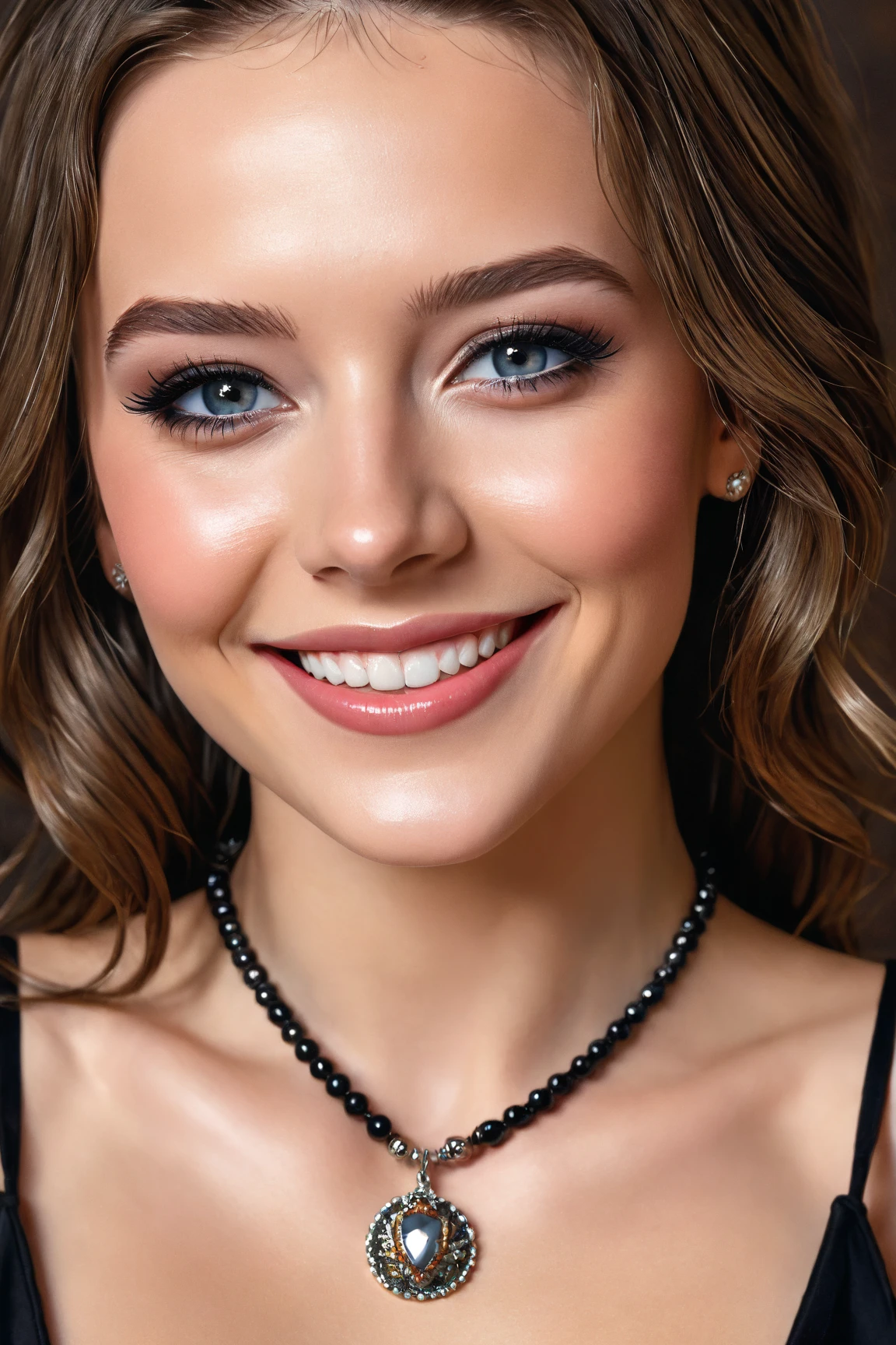 a close up of a woman with a black top and a necklace, a photorealistic painting inspired by Adrienn Henczné Deák, reddit, photorealism, jaw dropping beauty, perfect face ), jaw-dropping beauty, gorgeous attractive face, beautiful and smiling, stunning beauty, stunning closeupheadshot, extremely beautiful face, sexy face with full makeup