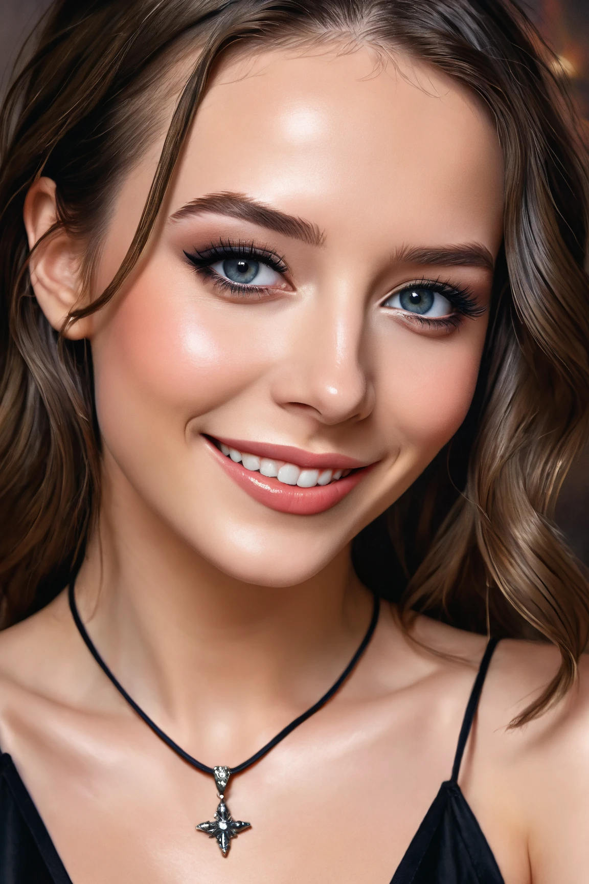 a close up of a woman with a black top and a necklace, a photorealistic painting inspired by Adrienn Henczné Deák, reddit, photorealism, jaw dropping beauty, perfect face ), jaw-dropping beauty, gorgeous attractive face, beautiful and smiling, stunning beauty, stunning closeupheadshot, extremely beautiful face, sexy face with full makeup