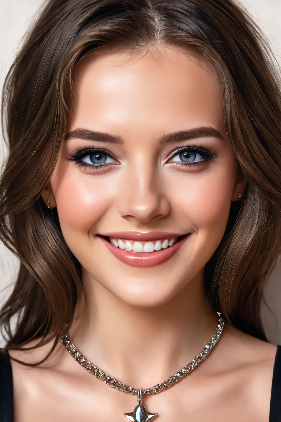 a close up of a woman with a black top and a necklace, a photorealistic painting inspired by Adrienn Henczné Deák, reddit, photorealism, jaw dropping beauty, perfect face ), jaw-dropping beauty, gorgeous attractive face, beautiful and smiling, stunning beauty, stunning closeupheadshot, extremely beautiful face, sexy face with full makeup