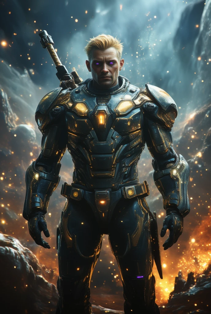 A 50-something male with golden hair with very light and prominent platinum highlights, very short on the sides but long on top like a lock. Striking purple eyes and a bold, manly smirk with his lips. He is dressed in a suit of power armor (shiny blackish electric blue) adorned with golden accents and intricate detailing. The armor covers his entire torso, arms and shoulders, featuring large ornate shoulder pads and a detailed breastplate. The armor has a heavy, metallic carbon fiber quality. He holds a sword-shaped firearm with a very thick and large blade, ornate and graceful carved edge detailing. The background is a very hazy but detailed impressionistic scene of galaxies, sparks and blueish flames, suggesting a fiery environment on an alien planet overlooking outer space. The style is hyper-realistic, with high level of detail on the character's armor and face. Focus on expressing a very strong, serious and powerful male figure. Use rich, deep colors of gray, gold, and orange. Lighting should be dramatic and highlight the textures of the armor. Emphasis on the intricate details and designs of the armor and weapon.