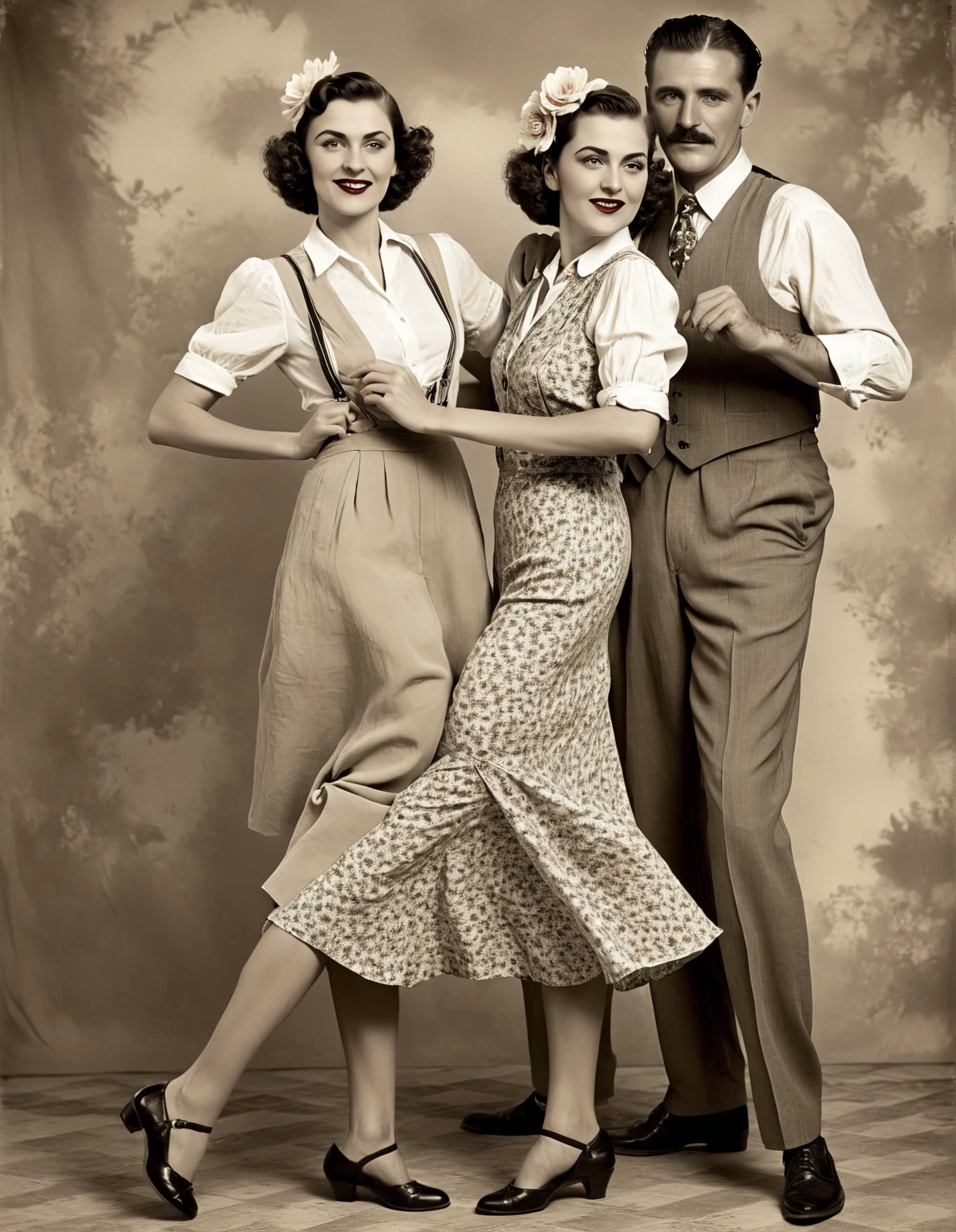 novuschroma51 style
Two people, a man and a woman, dance a pair of dynamic swing dance at a party in the thirties, a photo in vintage quality with worn edges and cracks from old age on the film, a man in black and white patent leather shoes, linen trousers, a white shirt, sleeves rolled up to the elbow, in a vest from a jacket, under a vest on the she was wearing suspenders on her shirt, a hat of those years on her head, a woman in a light summer dress with flowers, a chic hairstyle of the 30s on her head. sepia, microcracks, dented photo