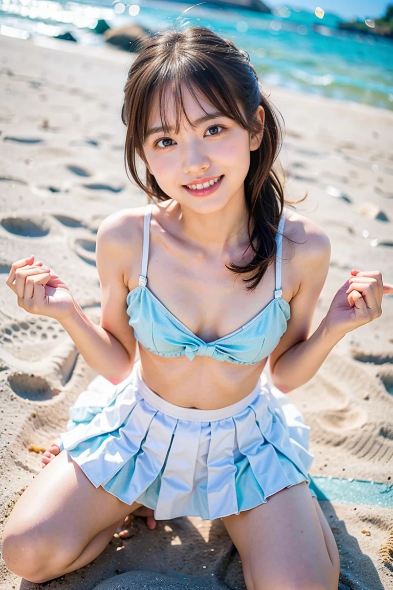 Japan girl in bikini posing in front of pool, young gravure idol, young skinny gravure idol, young pretty gravure idol, realistic young gravure idol, young sensual gravure idol, swimsuit, wearing two piece swimsuit, cute core, wearing swimsuit, amusement park, poolside, smiling