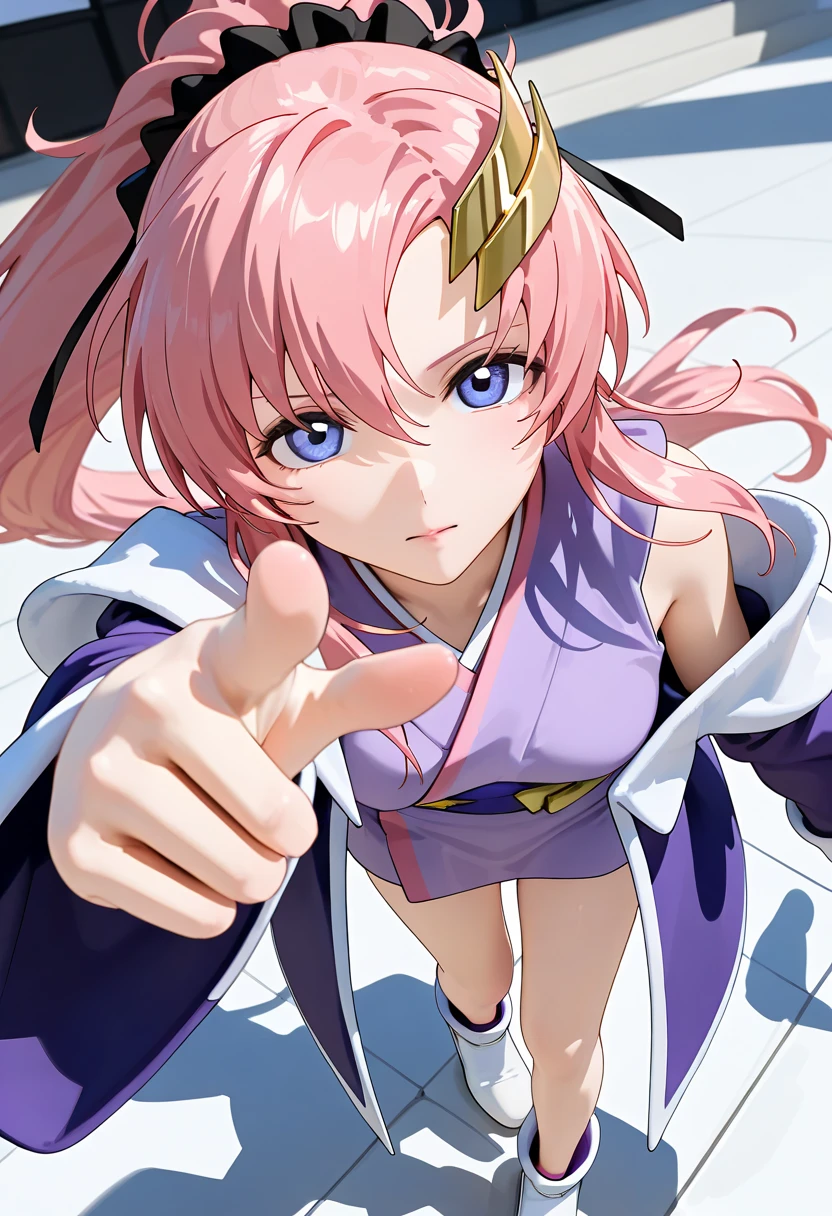 ( super realistic pictures, RAW photos  , realism, 3d rendering ,Unity Engine),break 1girl, Alone, lacus clyne,  blue eyes,  pink hair, long hair, ponytail,side lock, moon hair ornament , s1 short kimono  , s1 sleeveless coat, white shoes , throw,break (from front, looking at viewer, face-focus, (close-up:1.4)),break(perfect hands, perfect fingers, pointing at viewer),