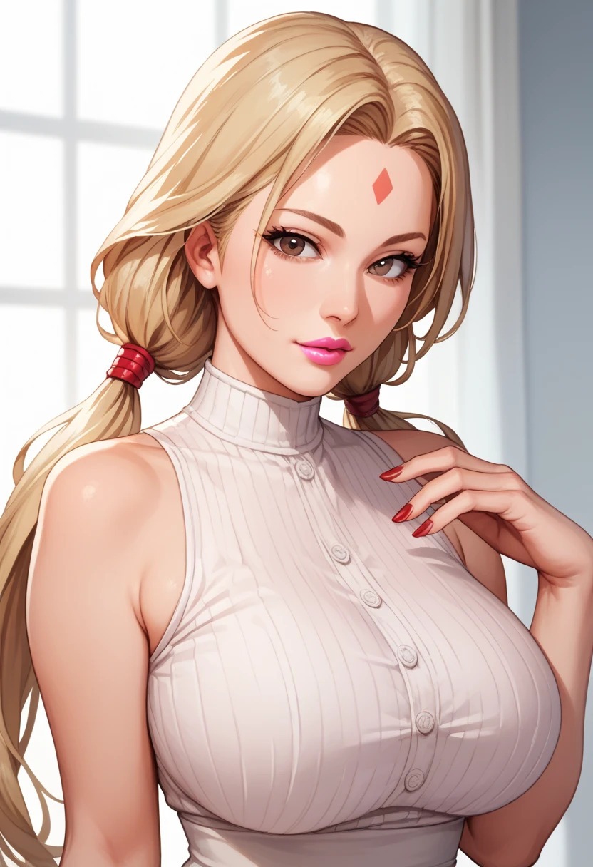 ChopioTsunade, blonde hair, long hair, low twintails, hair tie, brown eyes, forehead mark, pink lipstick, looking at viewer, mature female, large breasts, red nails,
