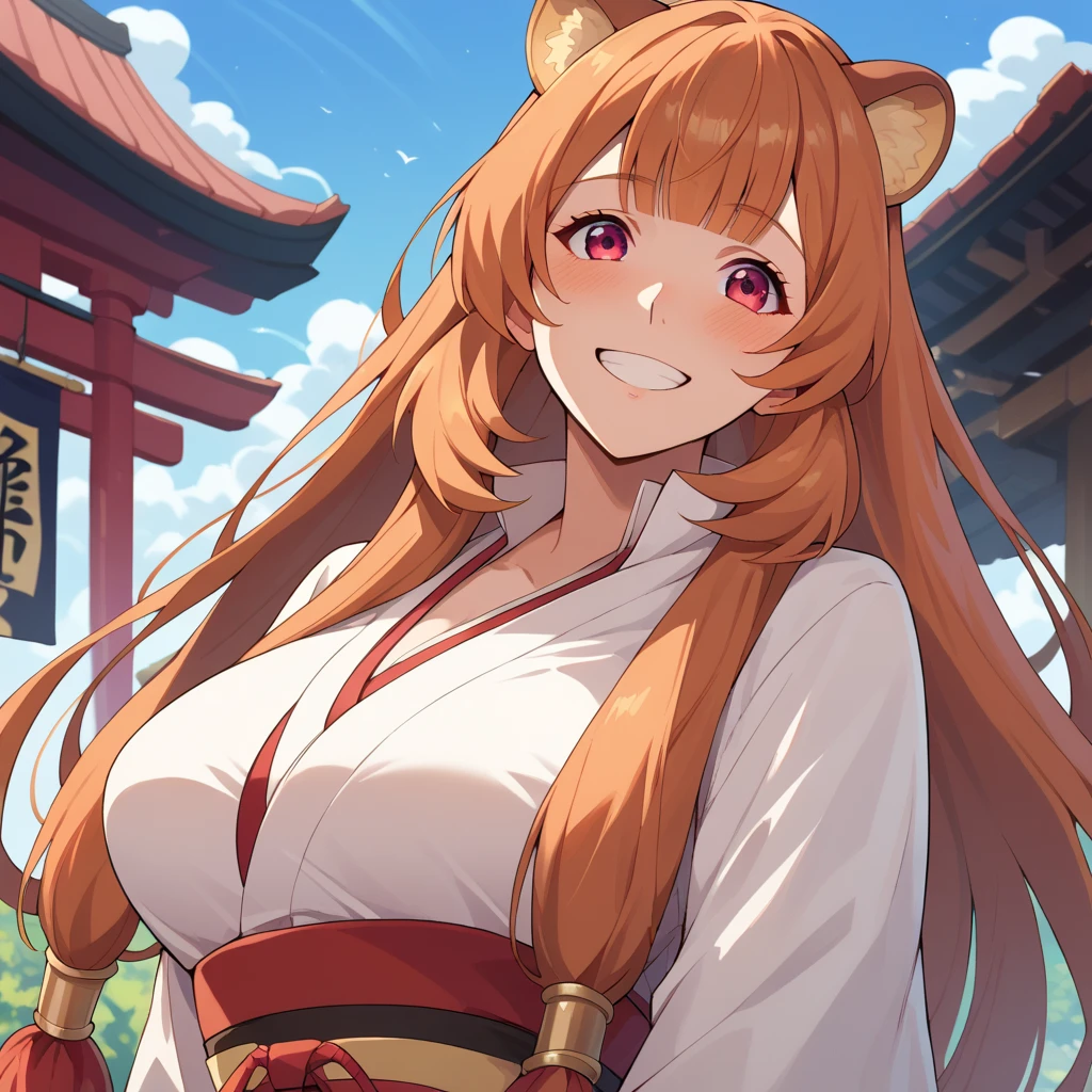 Raphtalia ,Bright orange hair , red eyes like rubíes, bear ears, , big breasts. happy smile, blush, big breasts,  miko costume. kimono white top red bottom , fondo unas montañas. cuerpo completo.