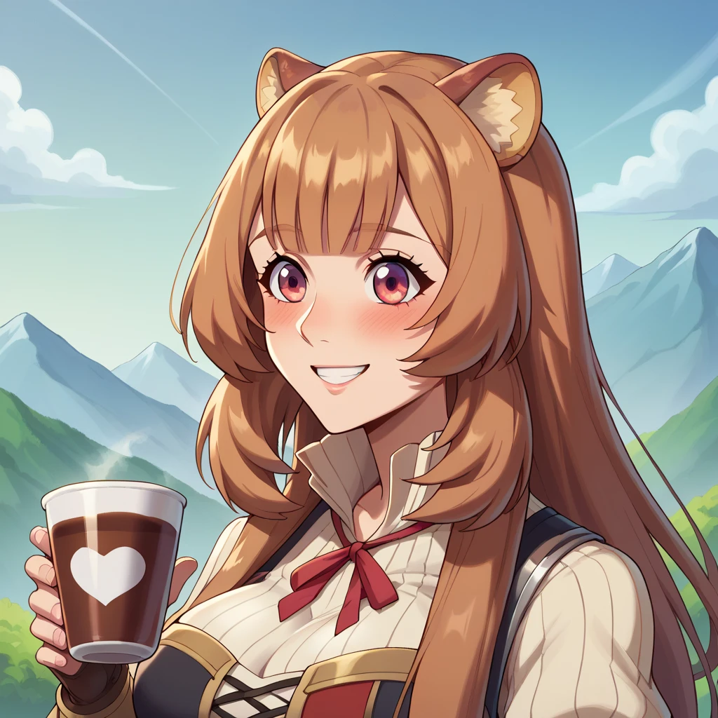 raphtalia ,  cabello rubio, Ojos rojos,  happy smile, blush, Big breasts cup D.    mountains background 