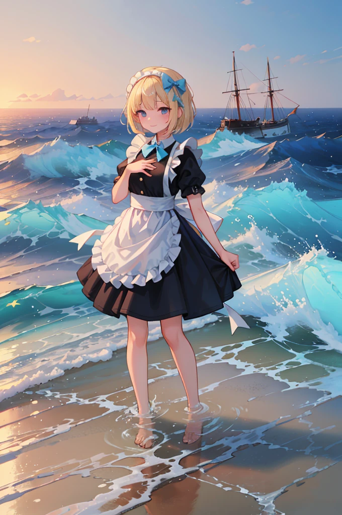 (8k,  super high quality , masterpiece:1.2),  super high res,  one woman,  cute,  small breasts,  blondes,  in white and black maid clothes ,  headband ,  blue bow ,  apron dress, whole body, soaked,  like a ,  best smile , sea, sea水浴, Water Drop, whole bodyにWater Drop,  their chest is soaked in water , Lots of water,  playing in the water, 