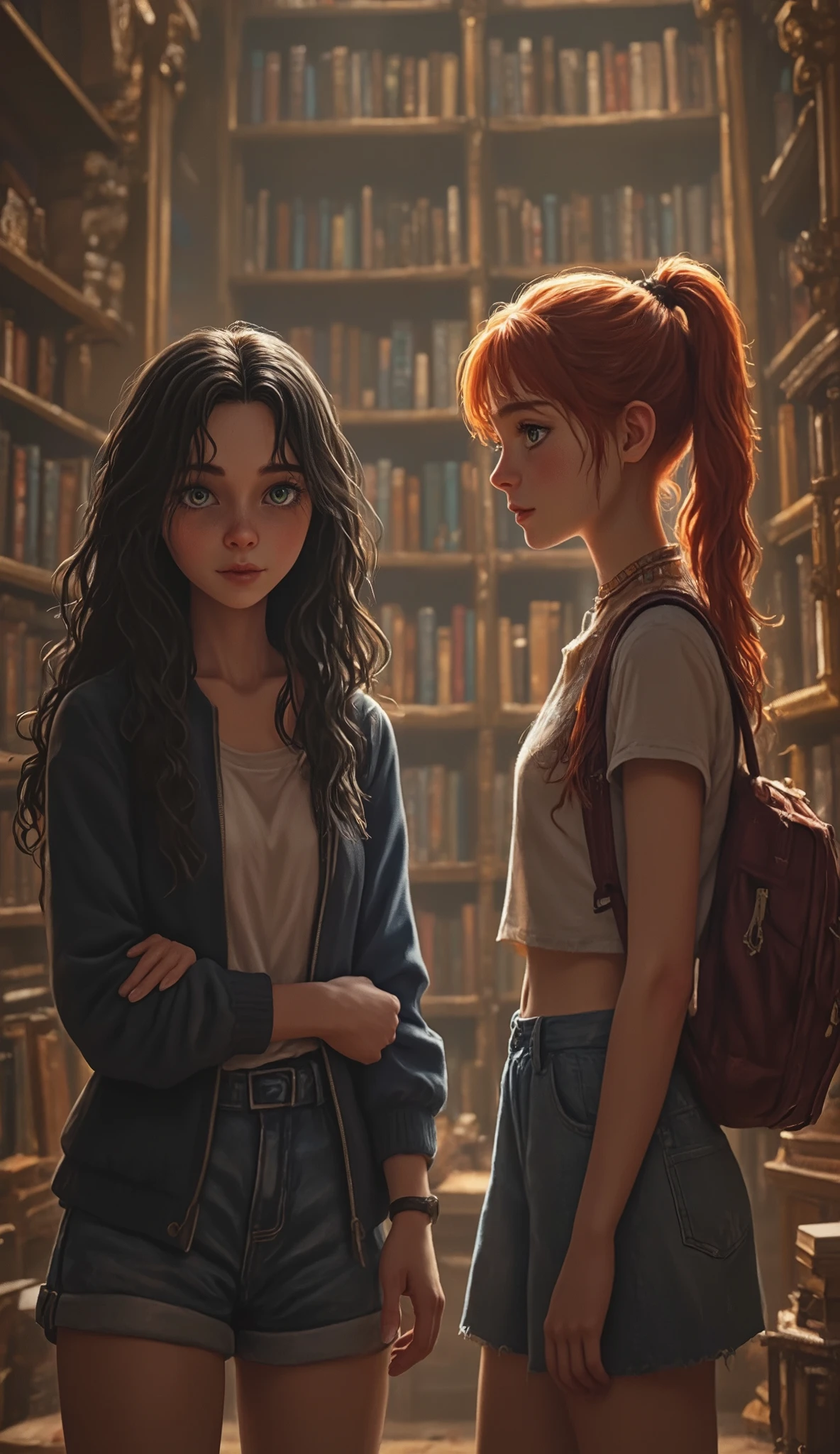 Two young women in the image. The first one has long, wavy black hair and blue eyes; the second model has a thin face, green eyes, and long red hair in a ponytail. They are wearing cute outfits. They are exploring a majestic library. Realistic and lifelike, no animation, correct anatomy and no extra limbs, 4k