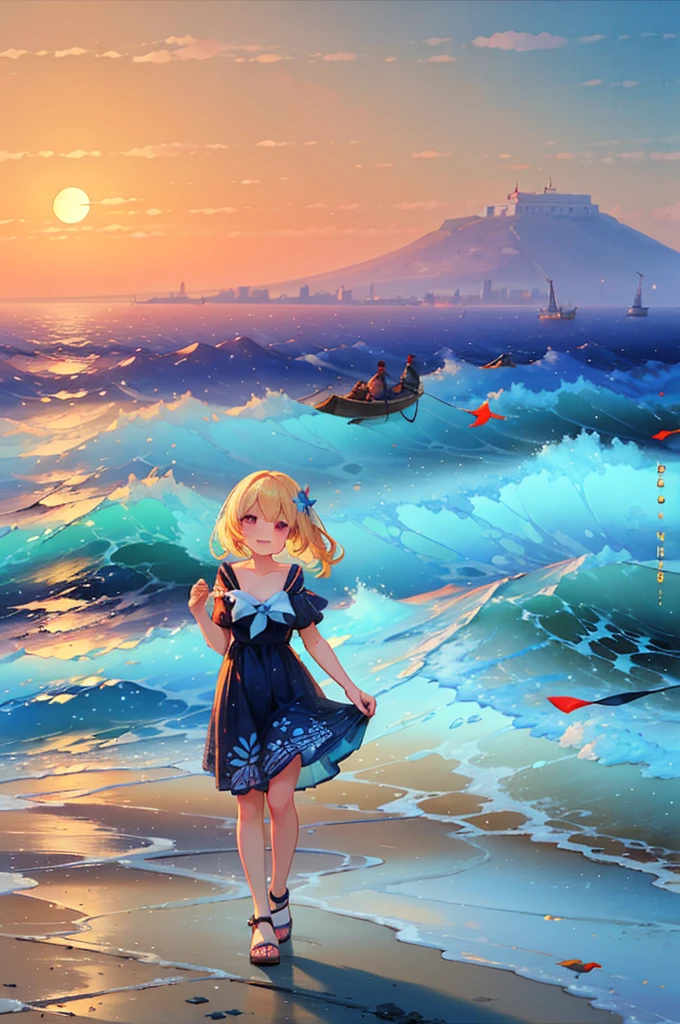 (8k,  super high quality , masterpiece), ( Details),  one woman,  cute,  small breasts,  blondes, Navy Blue Dress, Floral, Sandals, Hawaiian Dress, whole body, soaked,  like a ,  best smile , sea, sea水浴, Water Drop,  their chest is soaked in water , Lots of water, 