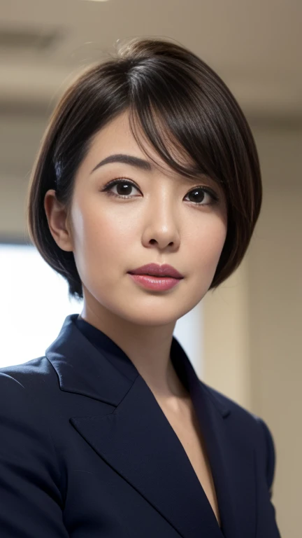 (a masterpiece portrait of a woman with ultra detailed features, in 8K resolution, with crisp quality and vibrant colors)、(from front、 facing the front:1.4)、Woman walking along an office street、 beautiful Japanese woman、She is full of confidence、Age 30、Alone、 Staring at the Audience :1.8、 Wearing a Business Suit 、Elite employees、formal short hair、