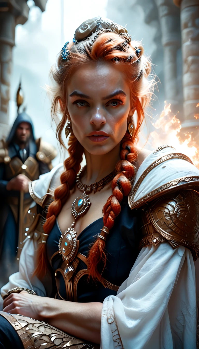 Highly detailed, cinematic, realistic. A thick, stocky, and powerfully built dwarven female with a small, muscular stature that exudes strength and resilience. Her fiery red hair is styled in intricate braids, framing her strong, angular face and resting against her broad shoulders. Her beautifully crafted, revealing grey silk robes fit snugly over her robust frame, thick arms, and powerful legs. The robes is adorned with intricate patterns, blending elegance with functionality, and bears countless dwarven runes. She wields a massive, double-headed mace with ease, its ornate design reflecting her divine heritage. Her stance is grounded and solid, her wide frame and compact proportions capturing the essence of dwarven power. Set against a rugged, dramatic backdrop, an ornate stone altar rests beneath a towering statue of a dwarven deity, surrounded by glowing runes. The environment exudes the craftsmanship and strength of dwarven culture, grounding her presence as a beacon of divine power and faith.