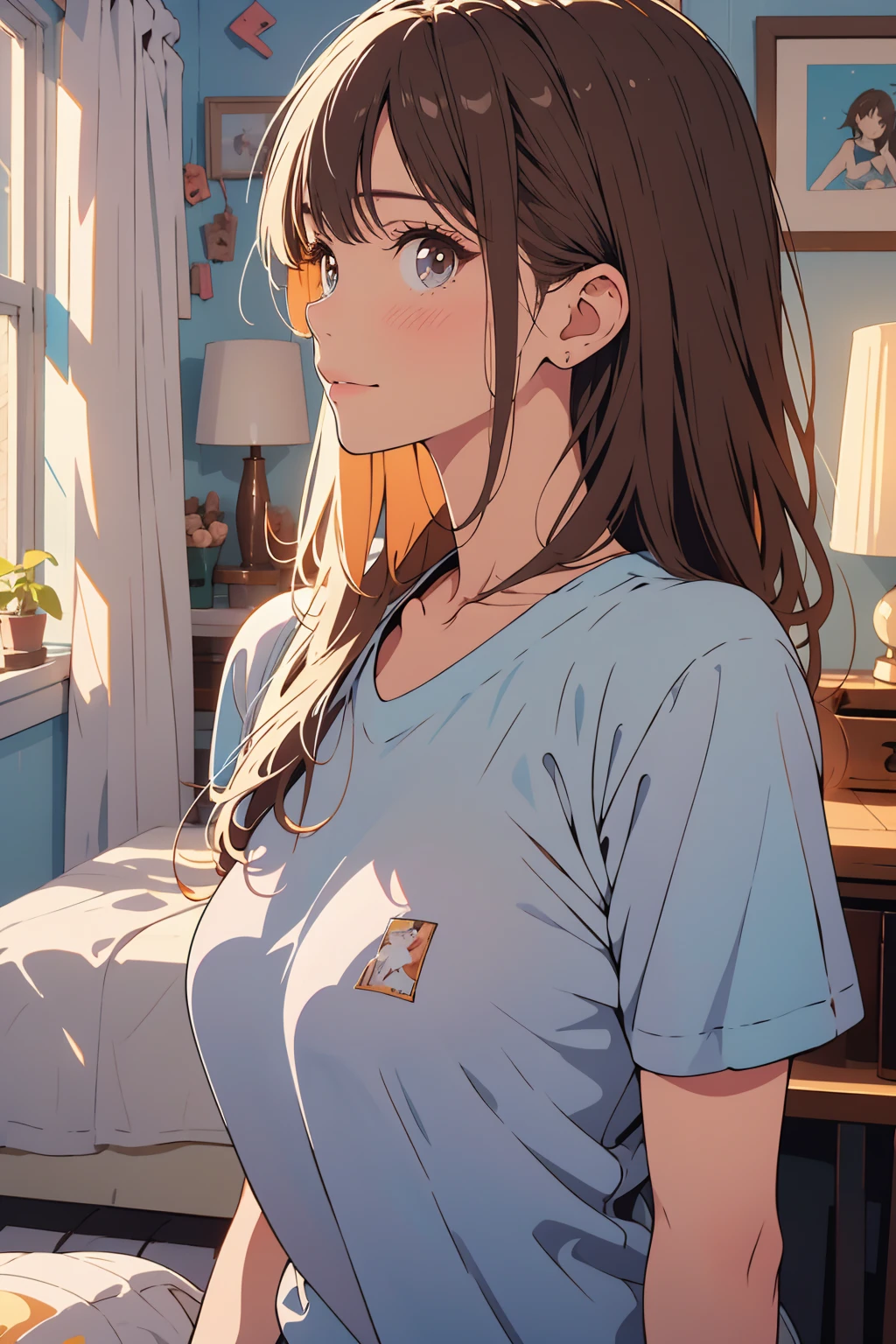 (highest resolution, distinct_image) The best quality, a woman, masterpiece, highly detailed, semi realistic, 21 years old, cute, young, beautiful, naked oversized t-shirt, shirt tug, collar on neck, indoors, modern bedroom, window, waking up, morning, blushing