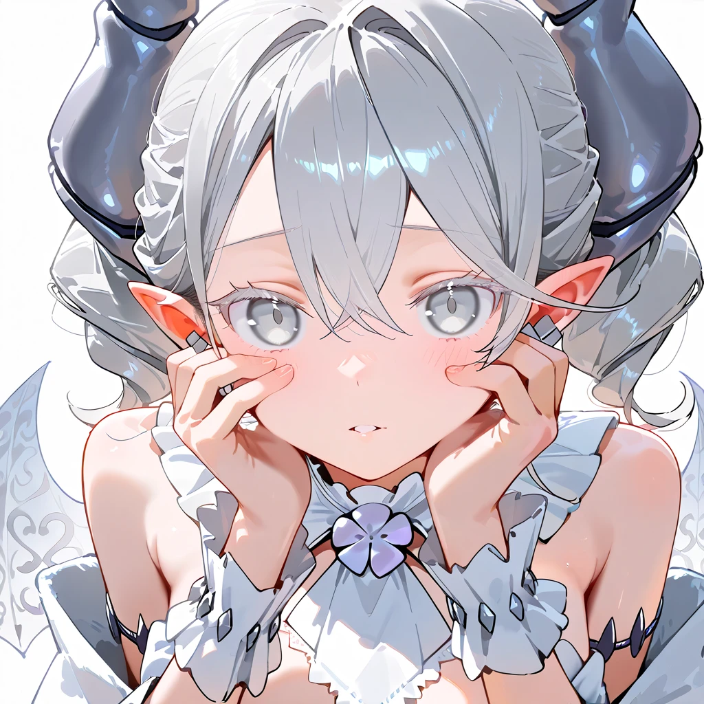 { top quality , masterpiece, high res, anatomically correct , Detailed Fingers , detailed hands ,Detailed legs, detail eyes:1.5}, {lovely labrynth of the silver castle, demon horns, drill hair, grey eyes, grey hair, hair between eyes, horns, medium hair, pointy ears}, 1girl, simple white background,Scheming Face、(Pressing the switch.:1.5)、カウボーイショット, 