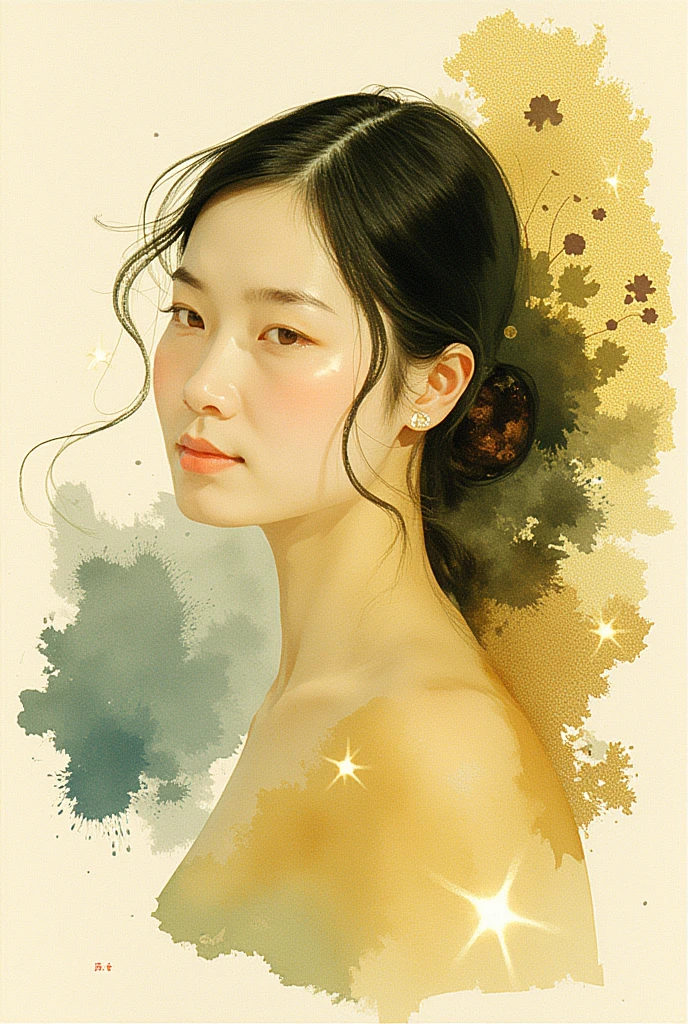 an artistic watercolor painting portrait, elegant asian woman , glowing skin,long hair flowing in the wind, invert color, glow line, inverted outline, golden and muted blue tones, abstract botanical elements, textured off-white paper background, shining highlights, glowing gradients, soft diffuse lighting, serene expression, radiant atmosphere.