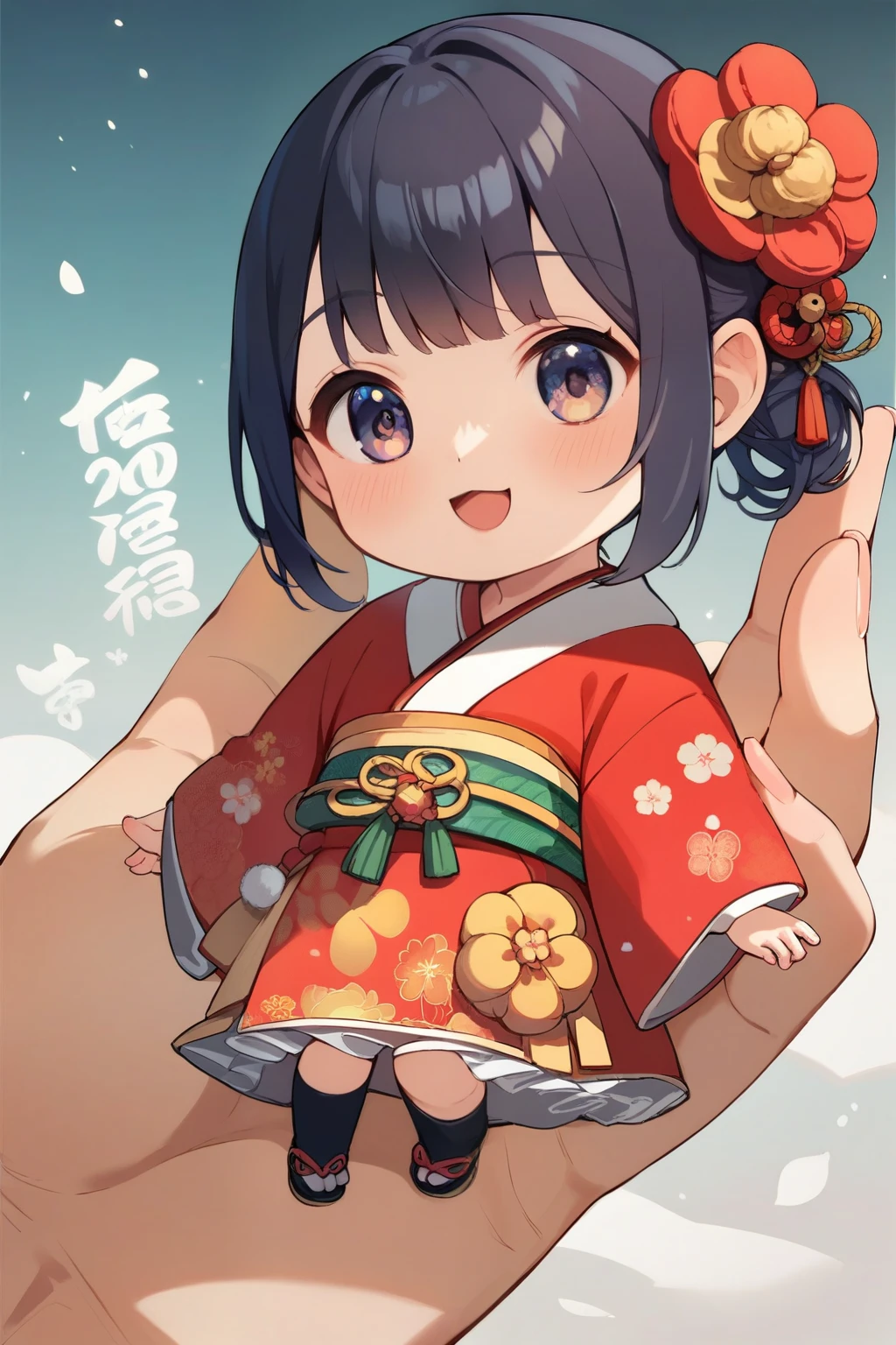 score_9, score_8_  up, score_7_  up, score_6, score_5_  up, score_4_  upanime break，  very young girl，  cute, Chibi，Tiny, Beautiful kimono for New Year，New Year&#39;s gift， bob cut,  red ribbon  , Dark Eyes， Magic Rim ，