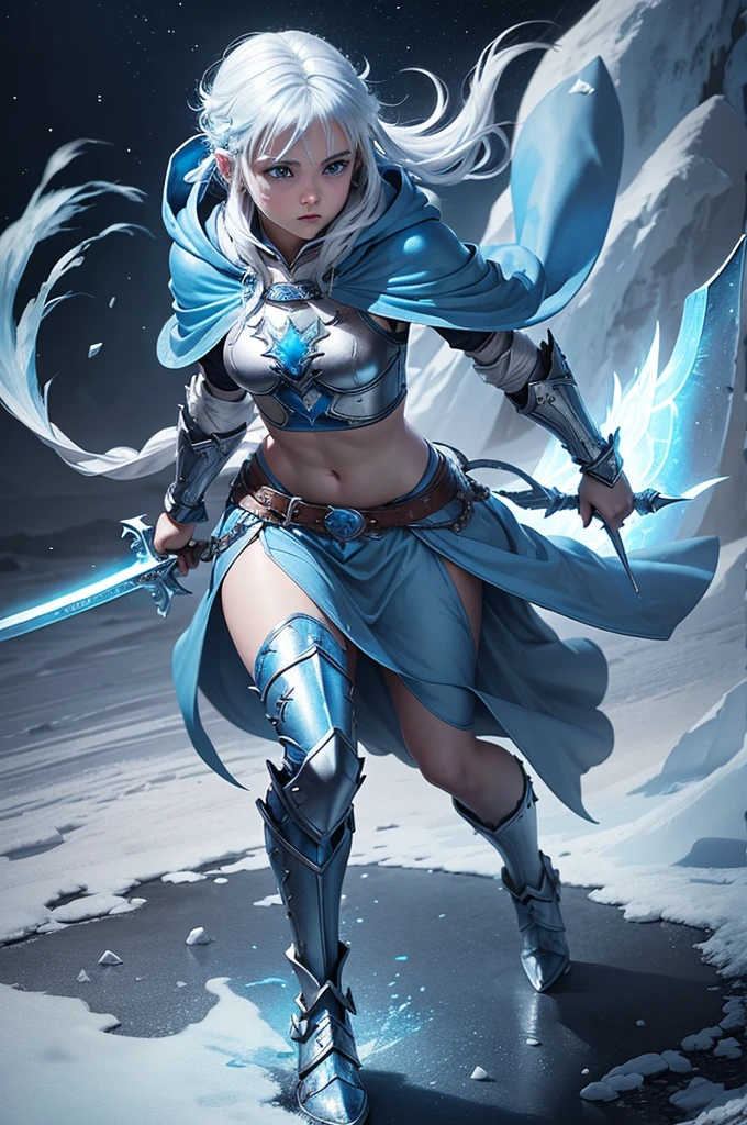 A photo of Princess Zelda from a full body shot, short Blue hair, blue eyes, dressed as a Ninja in black+neon blue with a black mask and hood with blue details, XL bust, holding a sword ice, emanating icy energy around your body. Background: gruesome cemetery at night with snow. Mortal Kombat, Unreal Engine 5, Anime, Anime style, Masterpiece, Well drawn eyes, well drawn face, well detailed eyes, well detailed face, 8k, light and shadow effect.