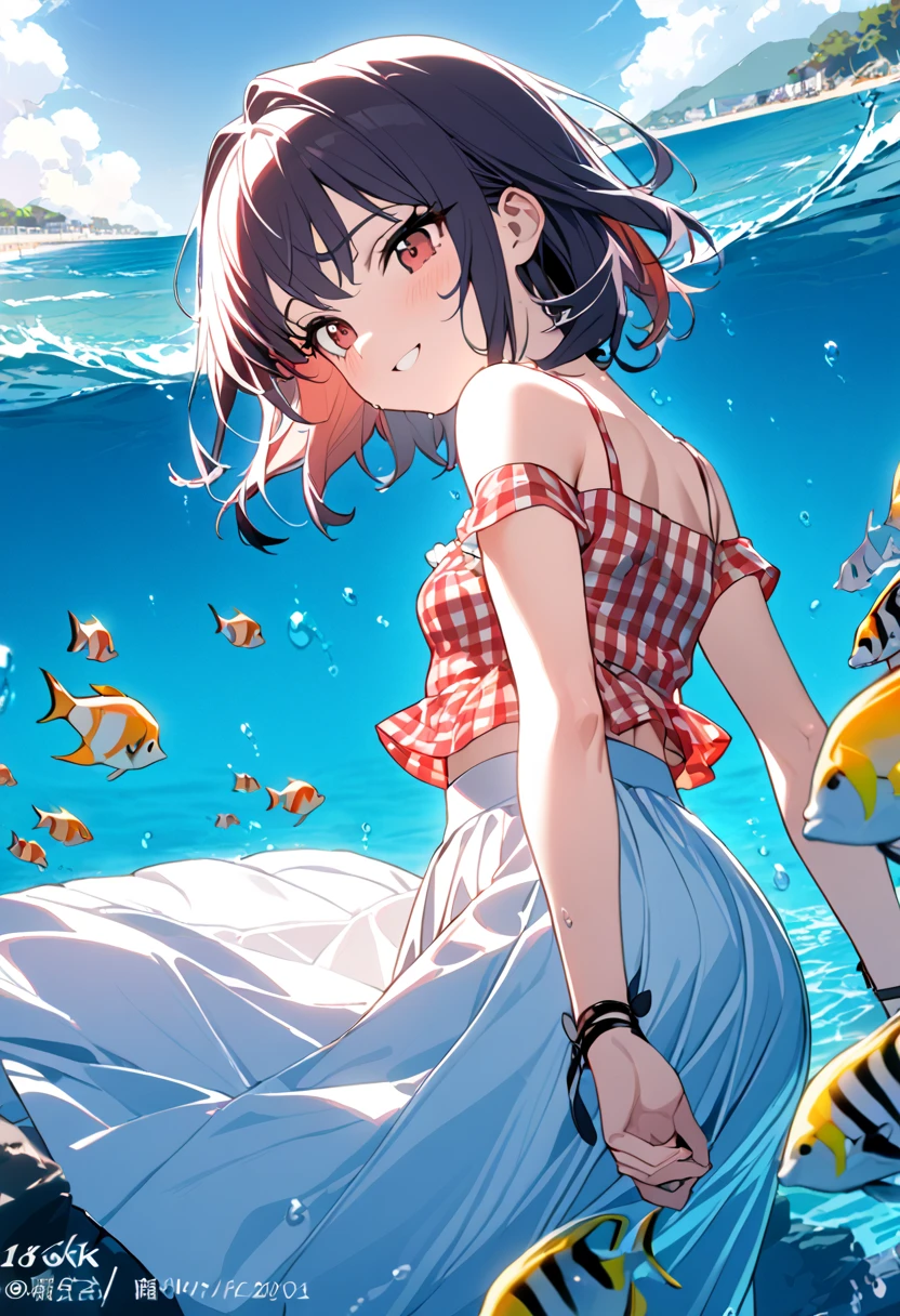 (16k,  top quality , masterpiece: 1.2), super high res, 1 person,  cute, Alone , small breasts,  highly detailed faces being avenged,  white long skirt ,   tops are red gingham check camisole  , Short sleeve,  white long skirt ,   tops are red gingham check camisole  , 白いShort sleeve,  gladiator sandals, sea, date, Pure white long skirt, Short sleeve, Lots of water,  turn your arm back , Submerged Waist ,  like a ,  bright smile, 