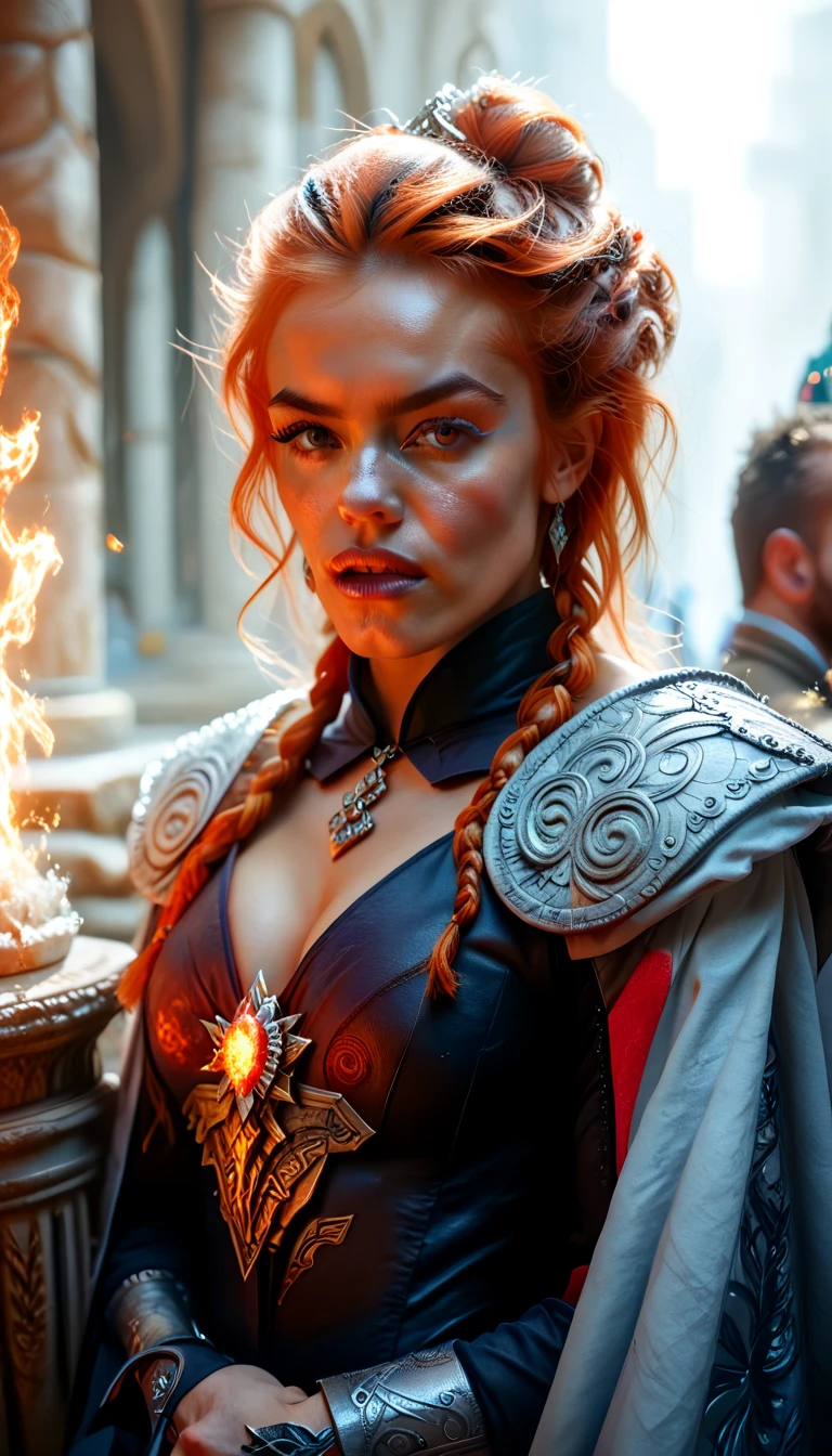 Highly detailed, cinematic, realistic. A thick, stocky, and powerfully built dwarven female with a small, muscular stature that exudes strength and resilience. Her fiery red hair is styled in intricate braids, framing her strong, angular face and resting against her broad shoulders. Her beautifully crafted, revealing grey silk robes fit snugly over her robust frame, thick arms, and powerful legs. The robes is adorned with intricate patterns, blending elegance with functionality, and bears countless dwarven runes. She wields a massive, double-headed mace with ease, its ornate design reflecting her divine heritage. Her stance is grounded and solid, her wide frame and compact proportions capturing the essence of dwarven power. Set against a rugged, dramatic backdrop, an ornate stone altar rests beneath a towering statue of a dwarven deity, surrounded by glowing runes. The environment exudes the craftsmanship and strength of dwarven culture, grounding her presence as a beacon of divine power and faith.