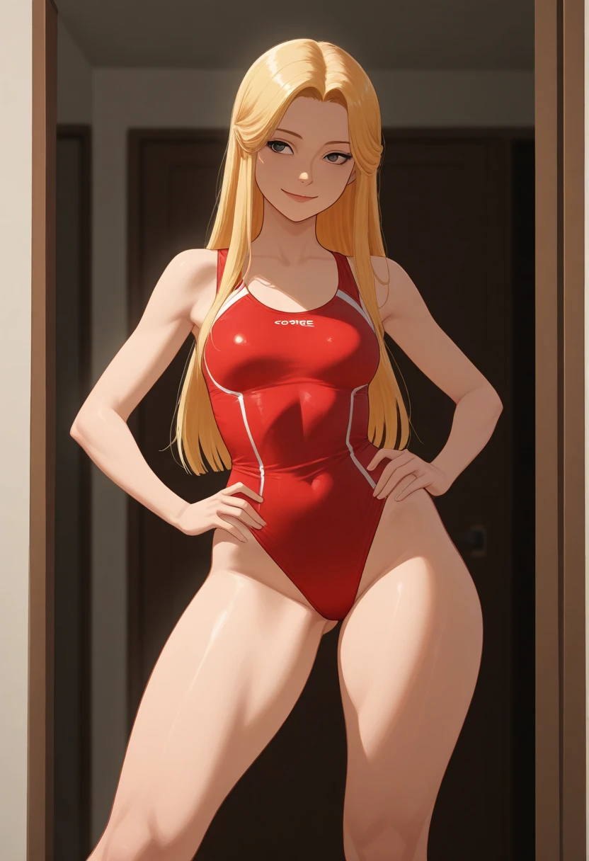 Sensual,  caucasiana, curved,  Wearing a red swimsuit,Alone,   far away, pernas added , thick legs , straight hair (   long hair  ),  blonde hair, to smile,  in the room, hands on the hips,  amazing body, very detailed, Of course,   superior quality 