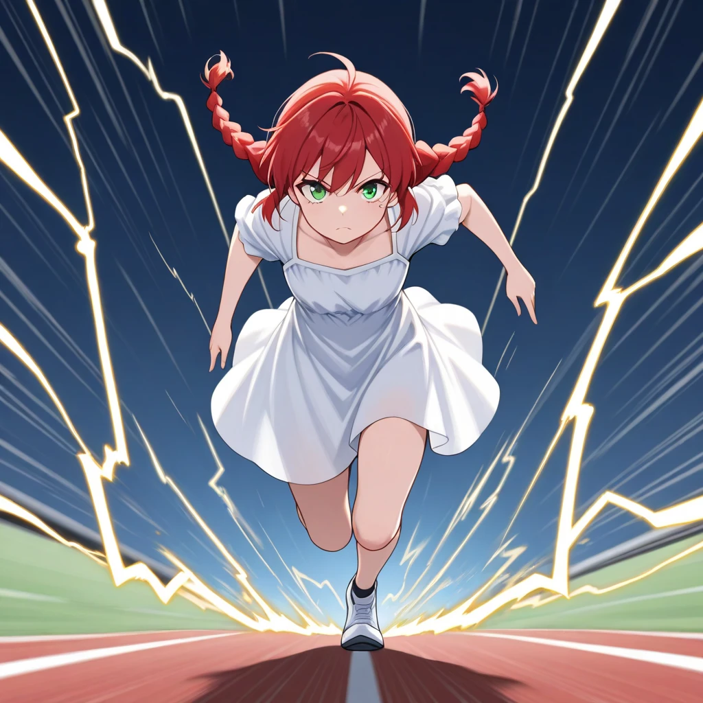 masterpiece, best quality, FlashSpeed, 1girl, solo, red hair, twin braids, green eyes, white dress, running, lightning, 