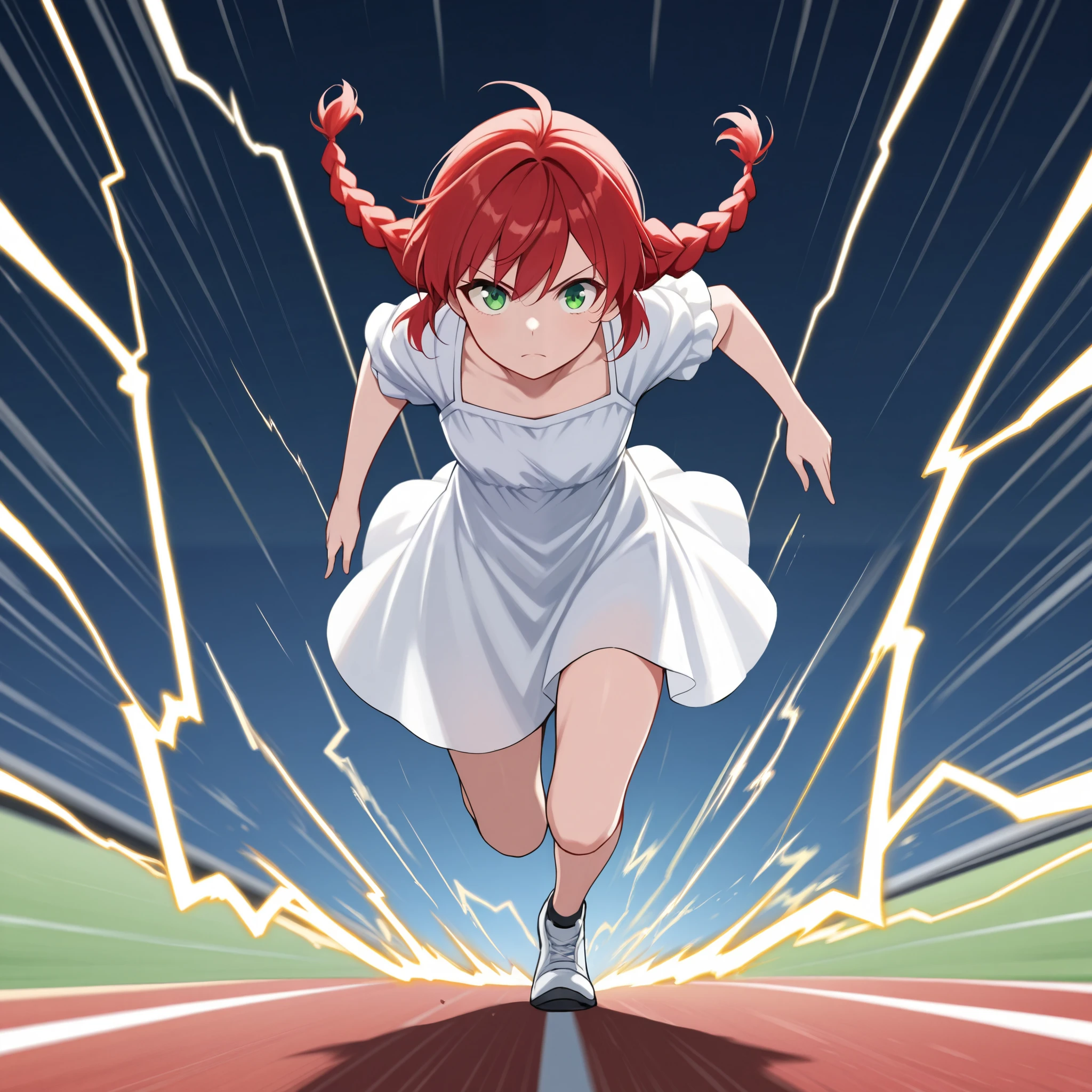 masterpiece, best quality, FlashSpeed, 1girl, solo, red hair, twin braids, green eyes, white dress, running, lightning, 