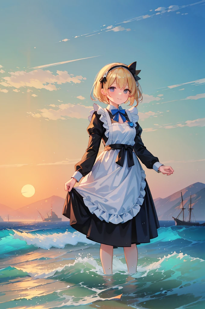 (8k,  super high quality , masterpiece:1.2),  super high res,  one woman,  cute,  small breasts,  blondes,  in white and black maid clothes ,  headband ,  blue bow ,  apron dress, whole body, soaked,  like a ,  best smile , sea, sea水浴, Water Drop, whole bodyにWater Drop,  their chest is soaked in water , Lots of water,  playing in the water, 