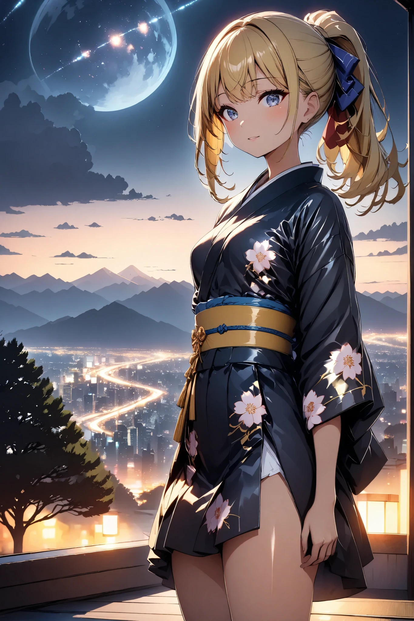 1 GIRL STANDING ,  Japanese Kimono, glossy brown skin, small breasts, video, Yellow Hair, ponytail, Mountain top、Big city night view、 Night Sakura