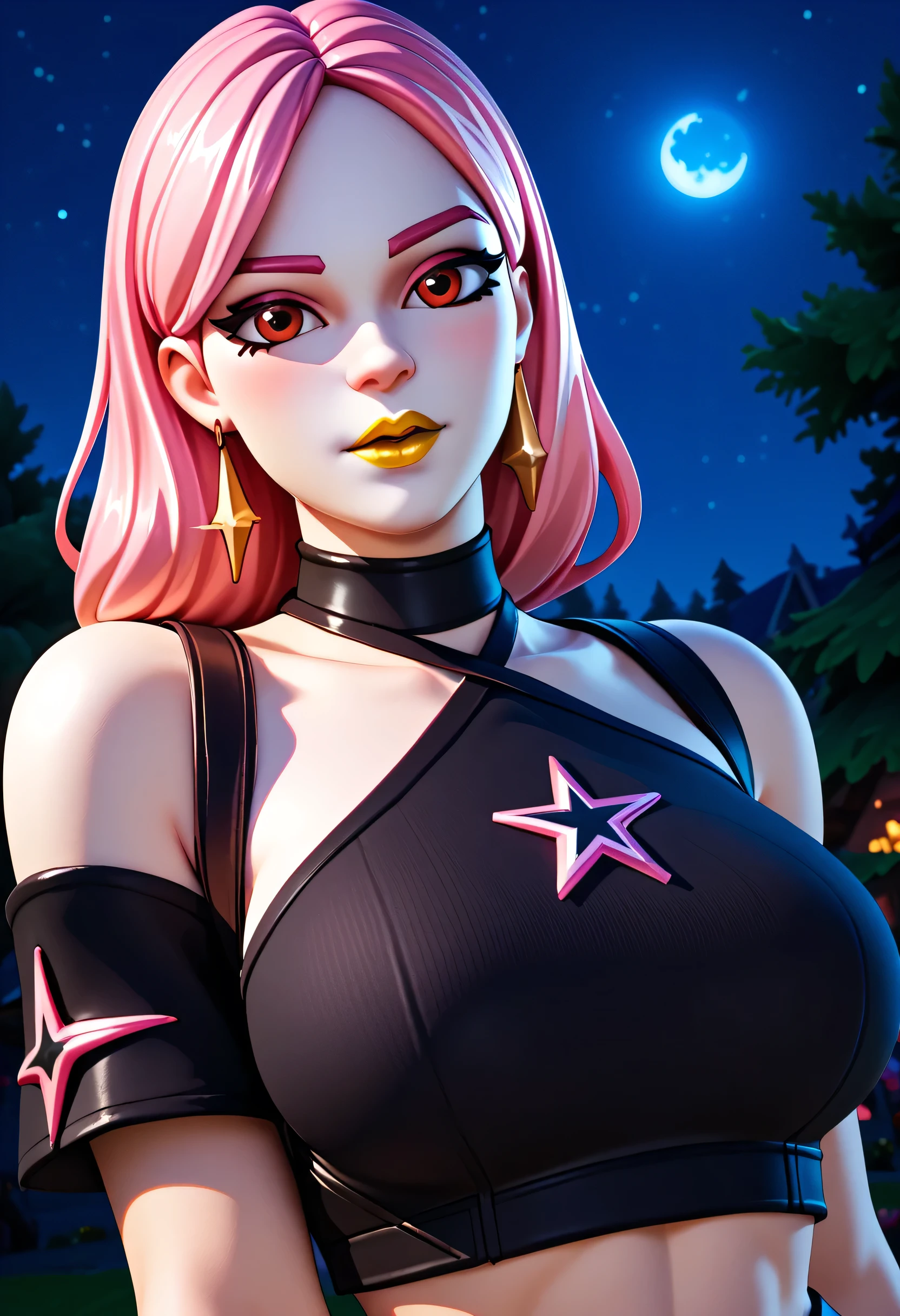 woman, pink hair, red eyes, white skin, big breasts, yellow lipstick, anime style, Fortnite, black clothes, night