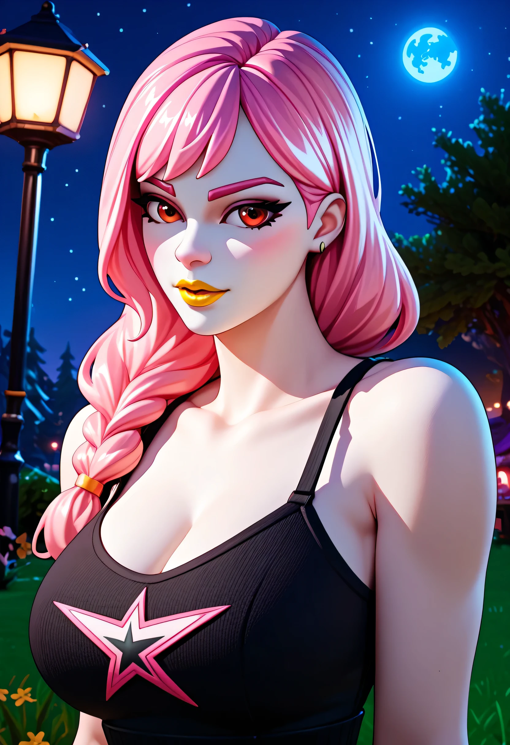 woman, pink hair, red eyes, white skin, big breasts, yellow lipstick, anime style, Fortnite, black clothes, night, Haze