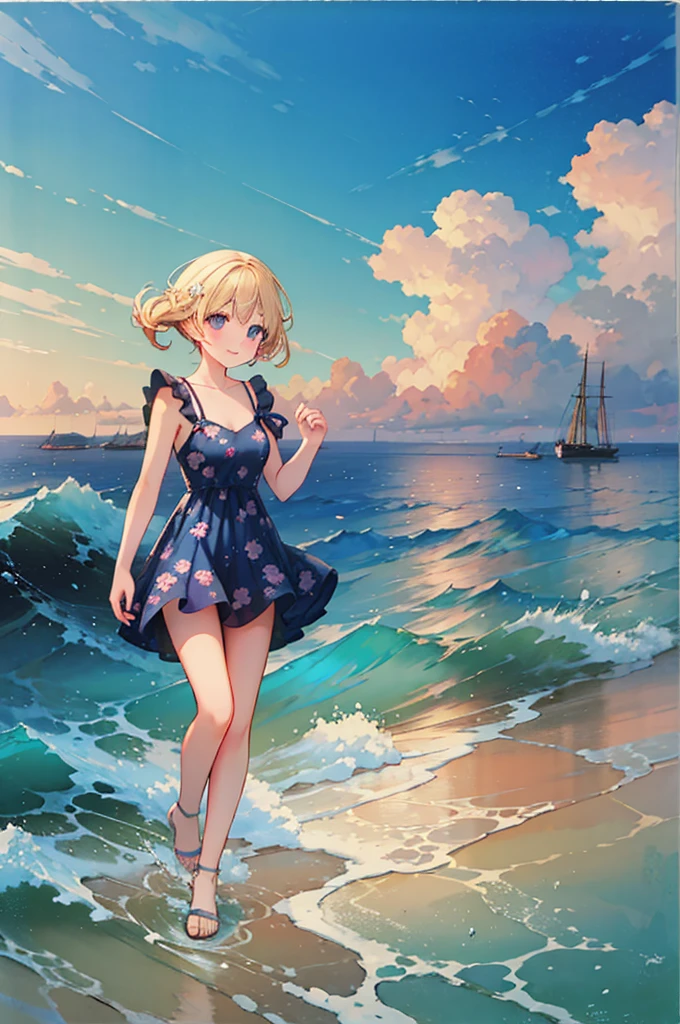 (8k,  super high quality , masterpiece:1.2),  super high res,  one woman,  cute,  small breasts,  blondes, Navy Blue Dress, Red floral pattern, Sandals, Hawaiian Dress, whole body, soaked,  like a ,  best smile , sea, sea水浴, Water Drop, whole bodyにWater Drop,  their chest is soaked in water , Lots of water,  playing in the water, 