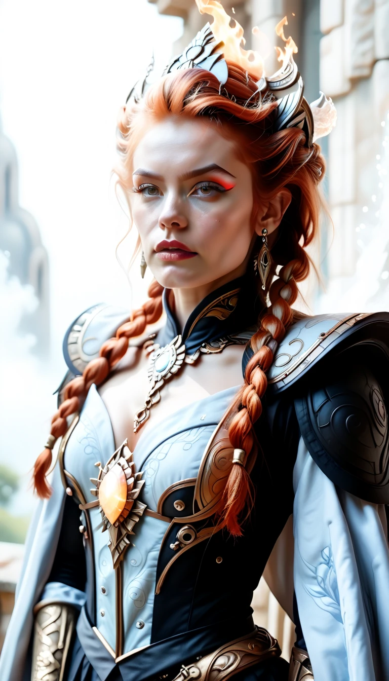 Highly detailed, cinematic, realistic. A thick, stocky, and powerfully built dwarven female with a small, muscular stature that exudes strength and resilience. Her fiery red hair is styled in intricate braids, framing her strong, angular face and resting against her broad shoulders. Her beautifully crafted, revealing grey silk robes fit snugly over her robust frame, thick arms, and powerful legs. The robes is adorned with intricate patterns, blending elegance with functionality, and bears countless dwarven runes. She wields a massive, double-headed mace with ease, its ornate design reflecting her divine heritage. Her stance is grounded and solid, her wide frame and compact proportions capturing the essence of dwarven power. Set against a rugged, dramatic backdrop, an ornate stone altar rests beneath a towering statue of a dwarven deity, surrounded by glowing runes. The environment exudes the craftsmanship and strength of dwarven culture, grounding her presence as a beacon of divine power and faith.