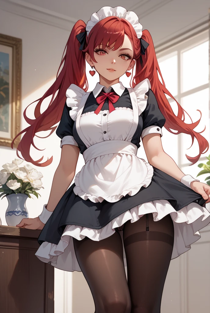 A red-haired girl with big boobs in maid's uniform wearing full pantyhose.