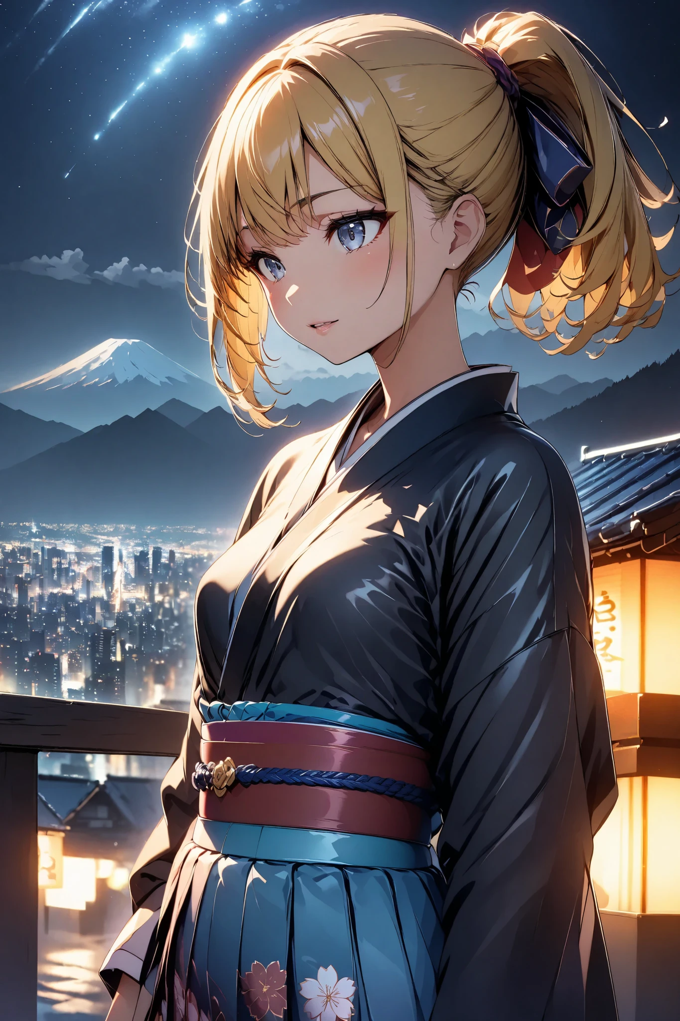 1 GIRL STANDING ,  Japanese Kimono, glossy brown skin, small breasts, video, Yellow Hair, ponytail, Mountain top、Big city night view、 Night Sakura